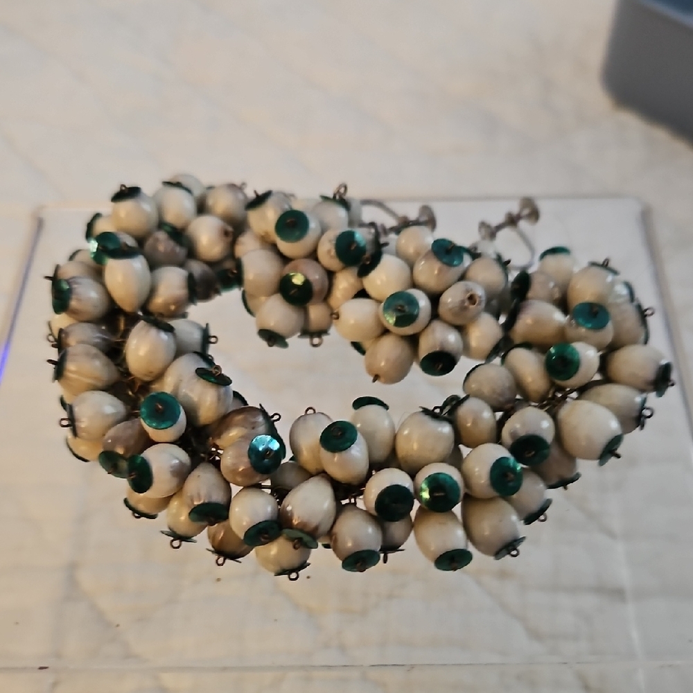Vintage  Beaded Bracelet And Clip On Earings Seed Sequin  Rare